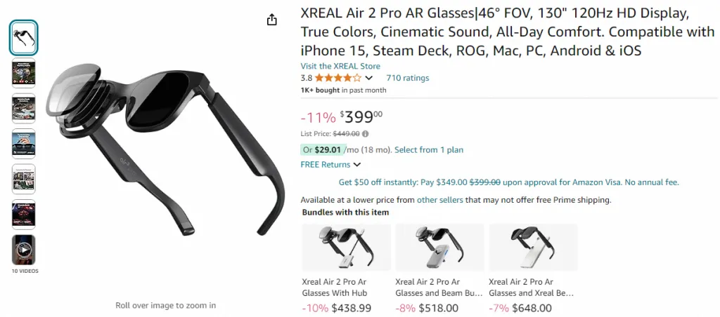 Captura de pantalla de Xreal Air 2 Pro en Amazon