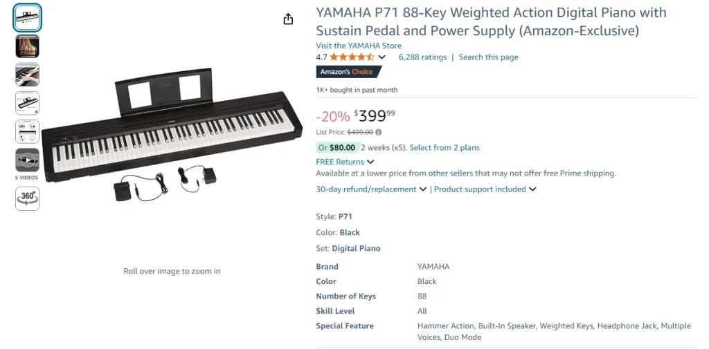 Yamaha P71 Digitalpiano mit gewichteter Mechanik und 88 Tasten