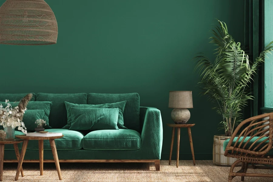 emerald green sofa and wall paint