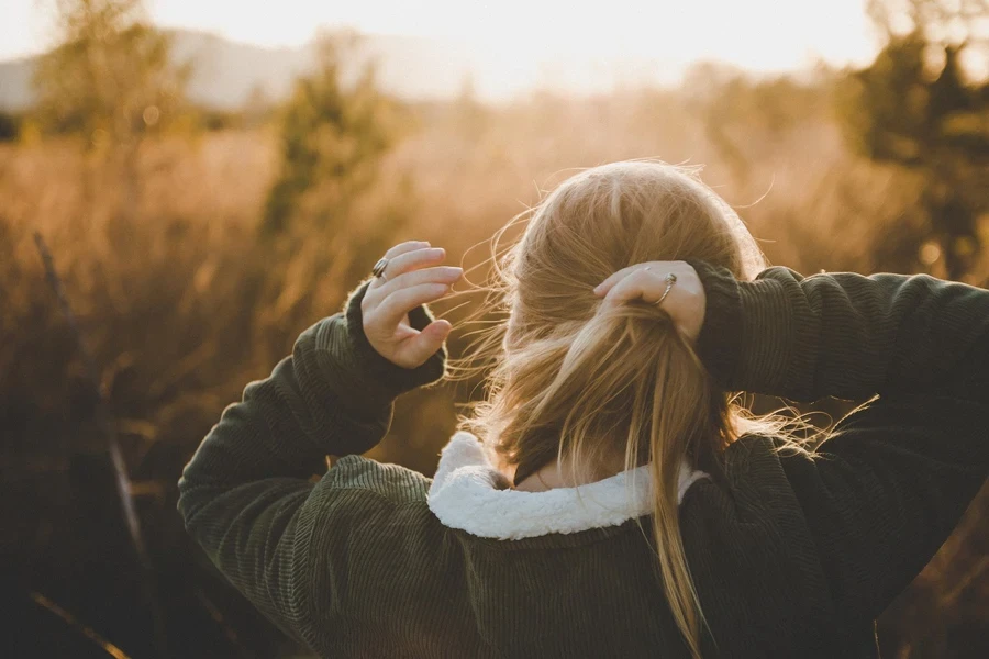 nature, fille, coucher de soleil