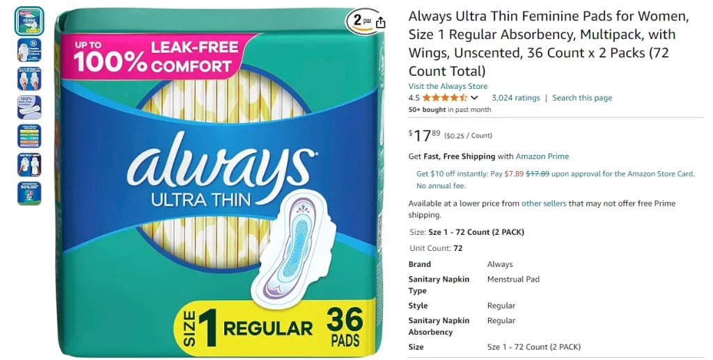 Absorventes femininos Always Ultra Thin para mulheres, tamanho 1