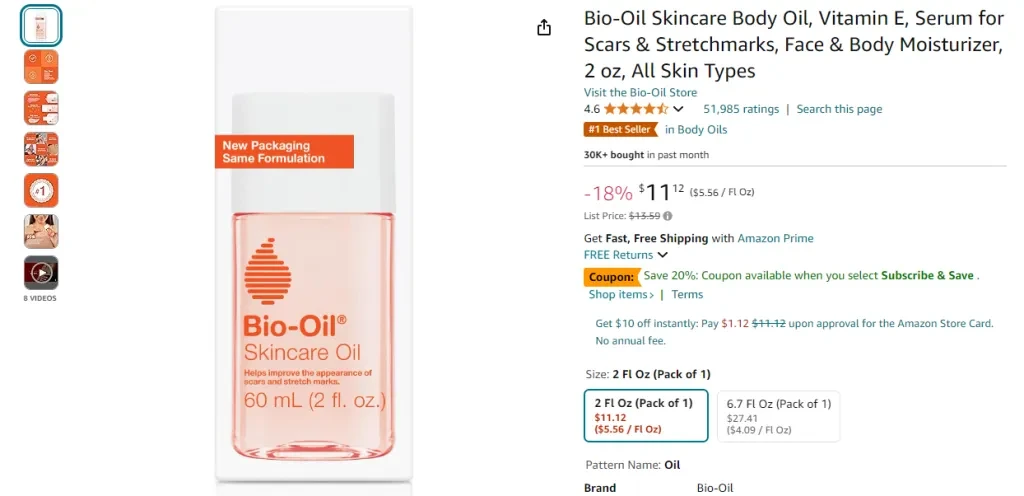 Aceite corporal Bio-Oil Skincare, vitamina E, suero