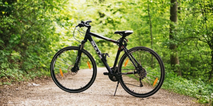 Bicicleta rígida en blanco y negro sobre una carretera marrón entre árboles