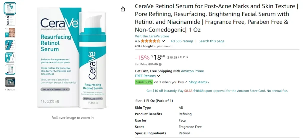 Suero de retinol CeraVe para las marcas y la piel post-acné