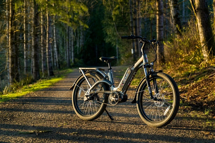 Bicicleta elétrica estacionada em estrada de cascalho