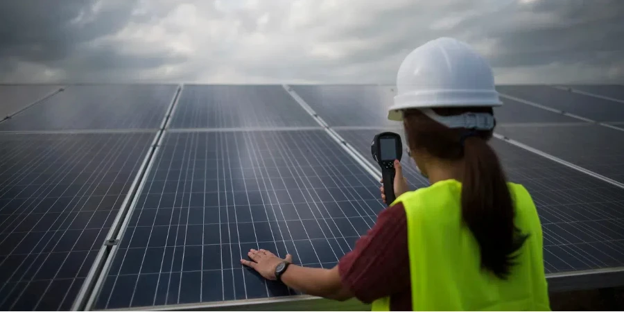 Engineer electric woman checking and maintenance of solar cells