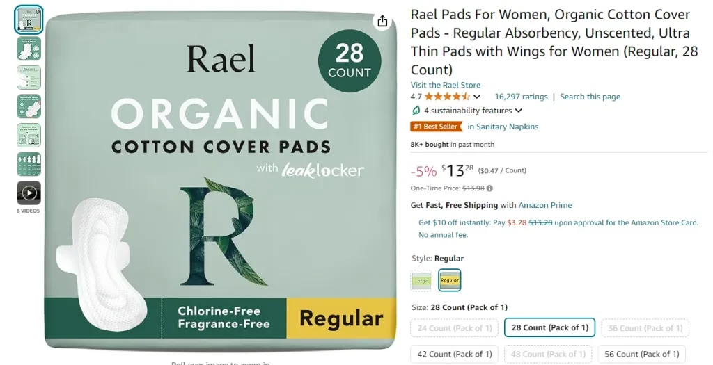 Rael Pads para mulheres, almofadas de algodão orgânico