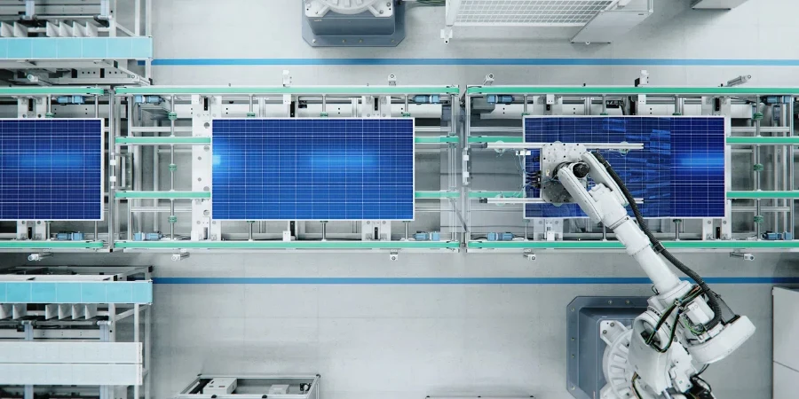 Top View of Solar Panel Assembly Line with Robot Arms at Modern Bright Factory