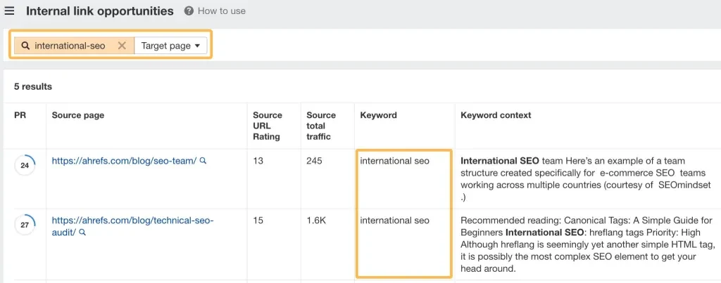 applying filters to find internal link opportunities