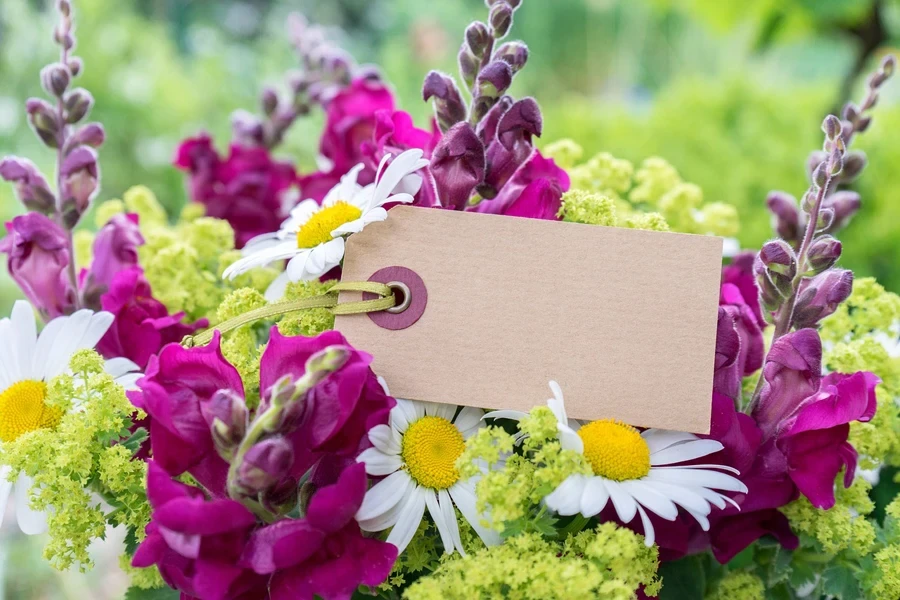 colorful bouquet accompanied by a gift card