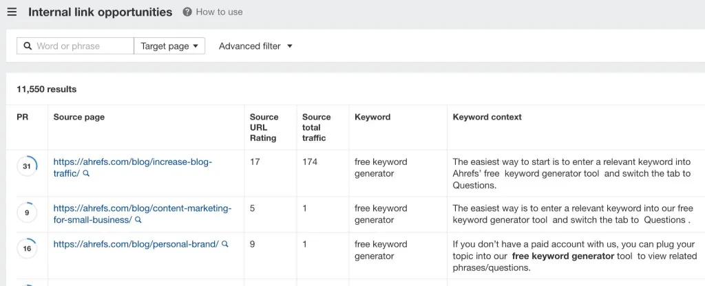 easily finding internal links opportunities