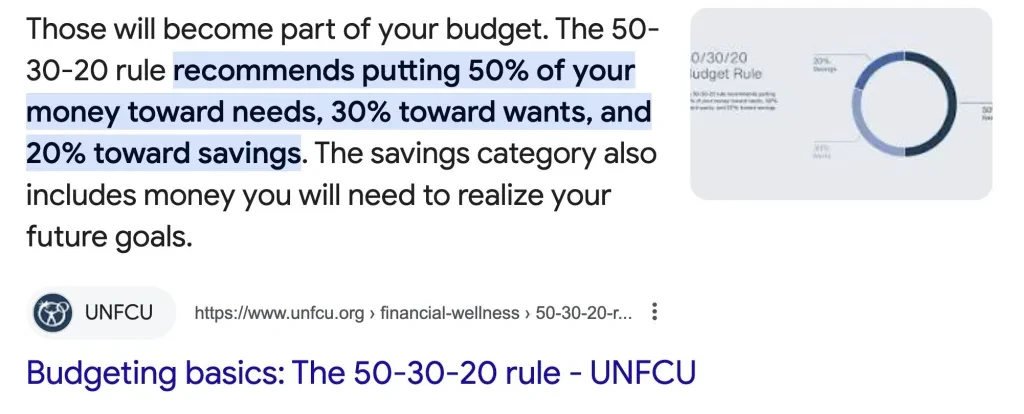 featured snippet for the query 50 30 20 rule