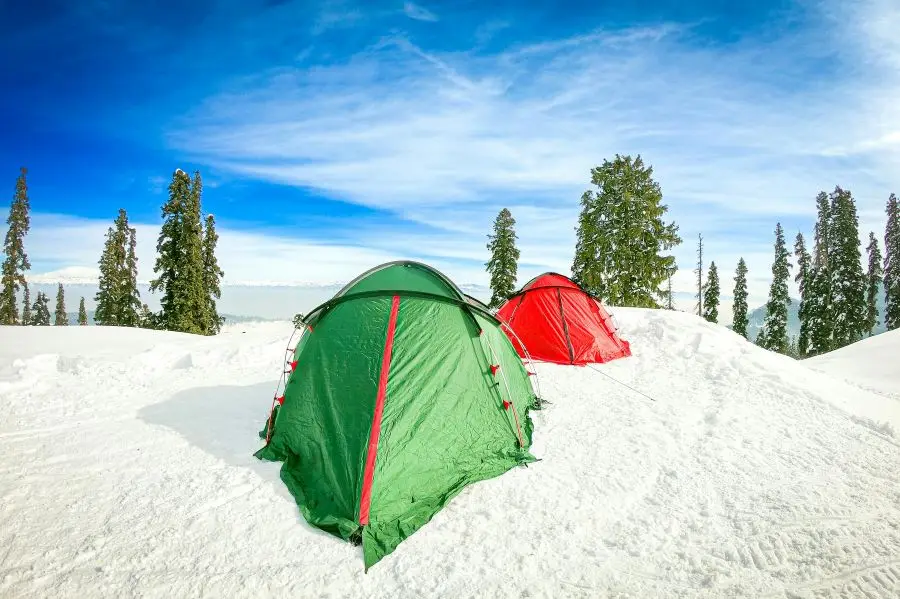 Tende colorate piantate in un paesaggio forestale innevato, che catturano l'essenza del campeggio invernale