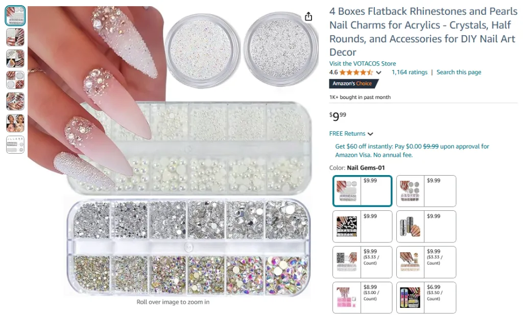 4 cajas de adornos para uñas con diamantes de imitación y perlas en la parte posterior plana