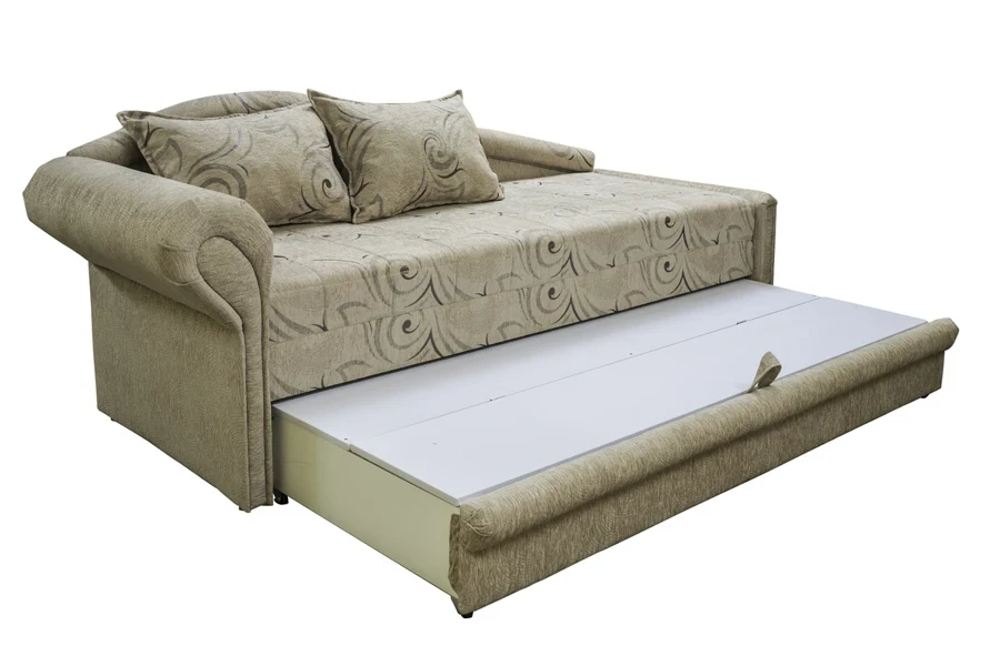 A day bed couch with large pull-out storage drawer