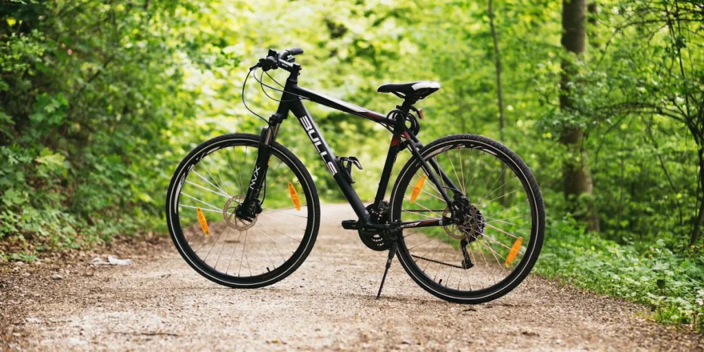 A mountain bike resting on a forest path surrounded by lush green trees in broad daylight