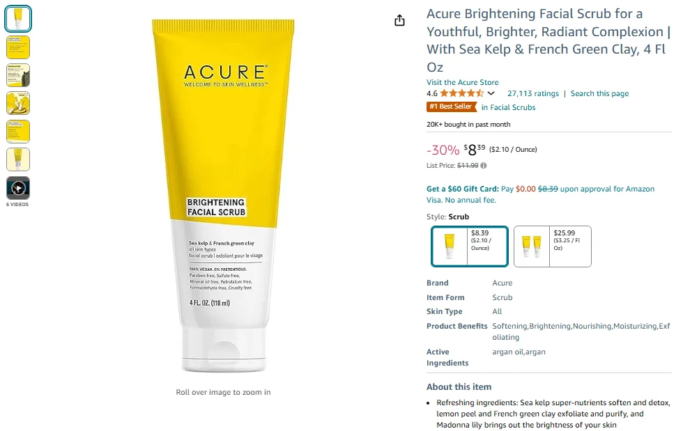 Exfoliante facial iluminador de Acure