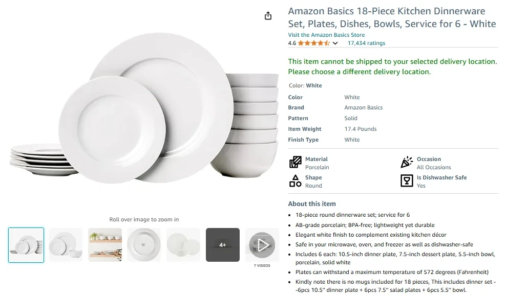 AmazonBasics 18-Piece Dinnerware Set