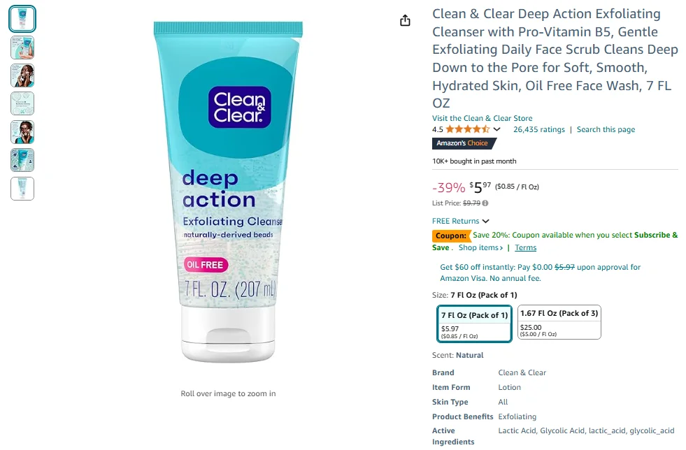 Limpiador exfoliante de acción profunda Clean & Clear con mentol