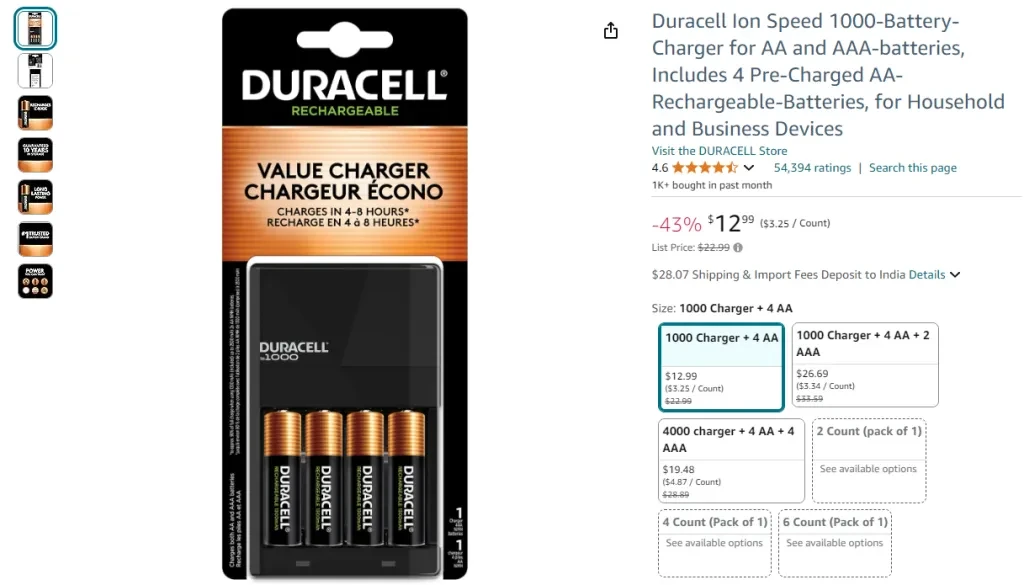 شاحن بطارية Duracell Ion Speed ​​1000