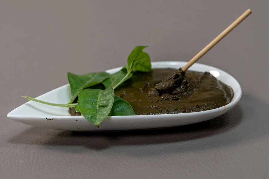 Henna paste with leaves in a ceramic bowl