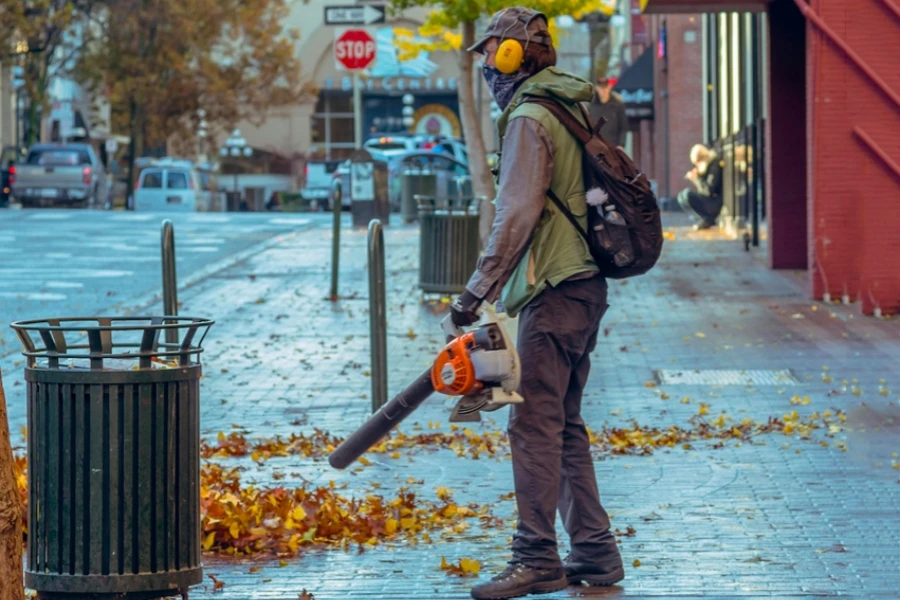 Uomo che tiene in mano un soffiatore per foglie in strada