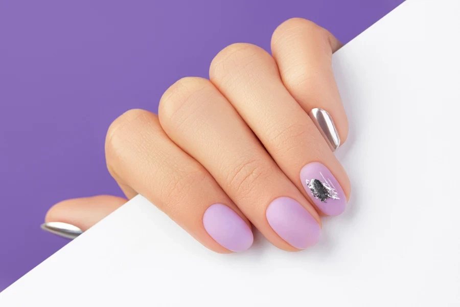 Matte lavender nails with chrome accents