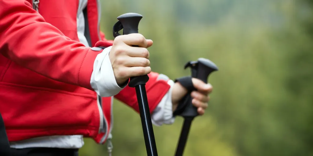 Nordic Walking in montagna d'autunno, concetto di escursionismo