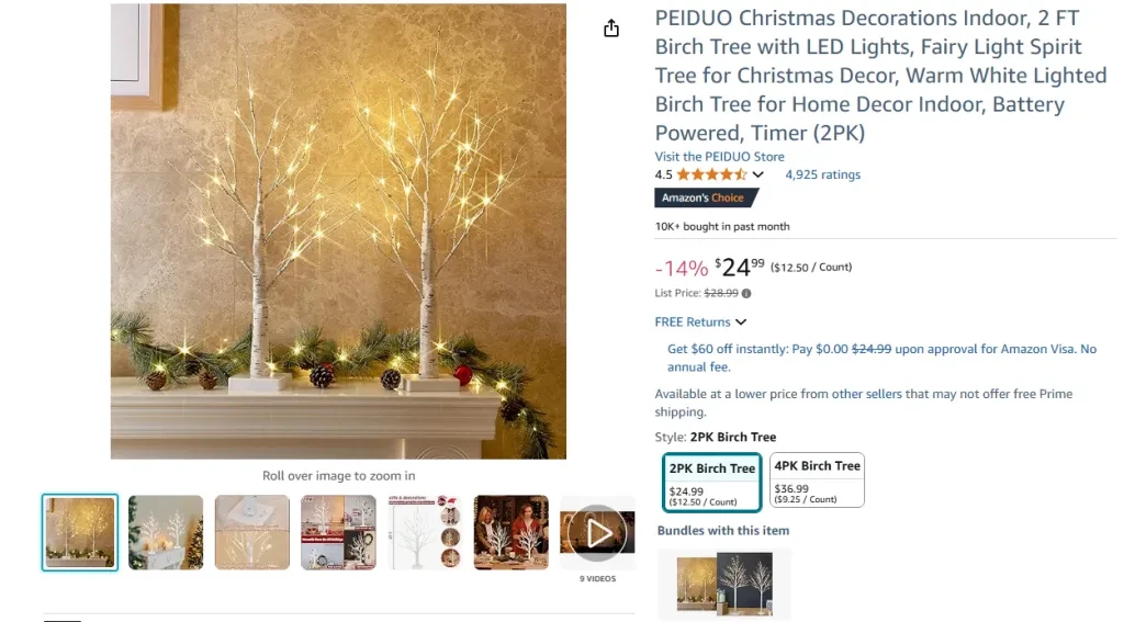 PEIDUO Christmas Decorations Indoor, 2 FT Birch Tree with LED Lights