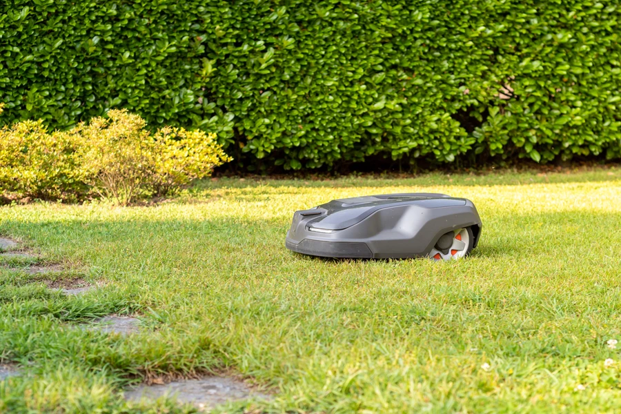 Tondeuse à gazon robotisée coupant l'herbe