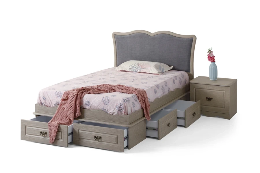 Single bed frame with multiple drawers built into the base