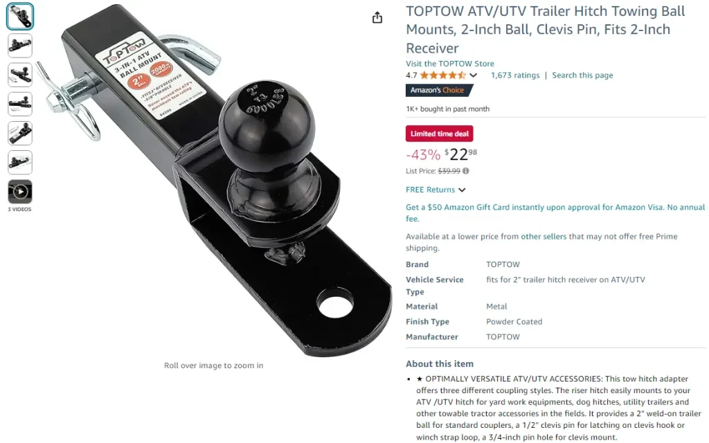 TOPTOW ATVUTV トレーラーヒッチ牽引ボールマウント