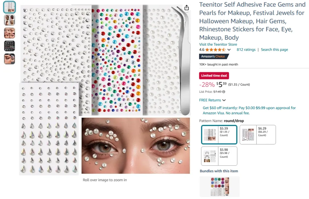 Teenitor Self Adhesive Face Gems and Pearls for Makeup and Nails