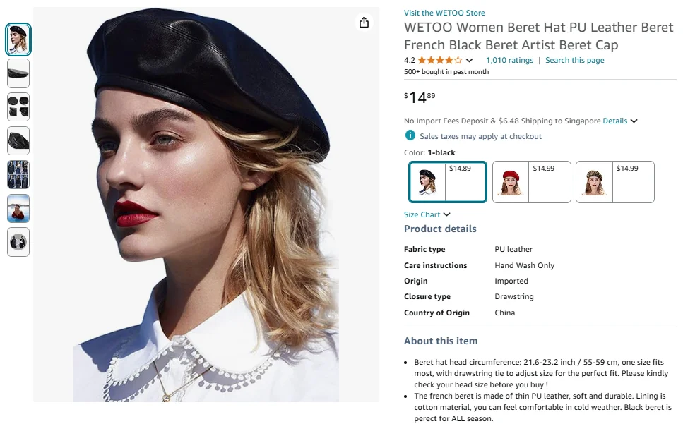 WETOO Cappello da donna con basco in pelle PU, basco francese nero