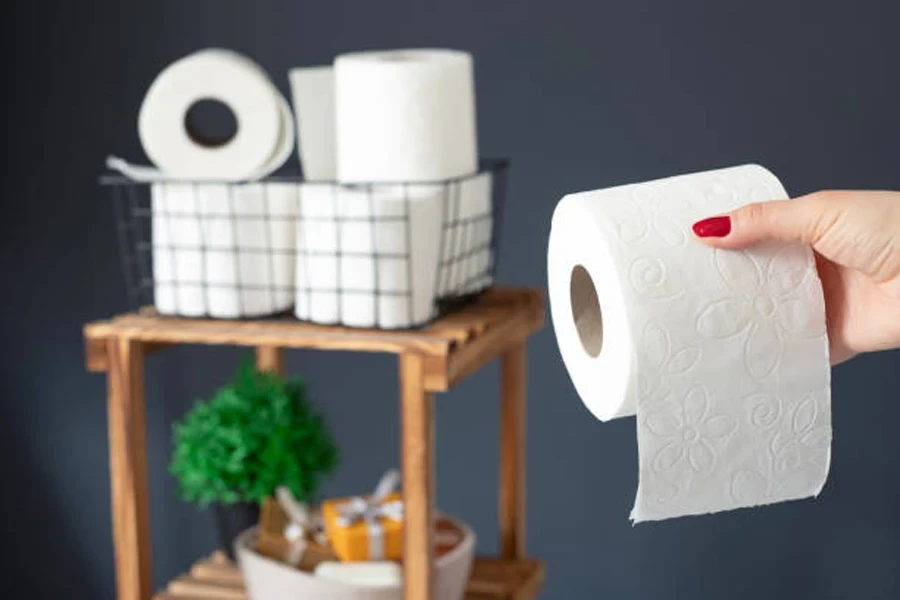 Woman Taking Toilet Paper from Wooden Shelving Unit