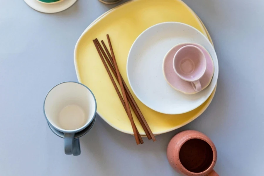 Yellow and White Plate with Brown Chopsticks