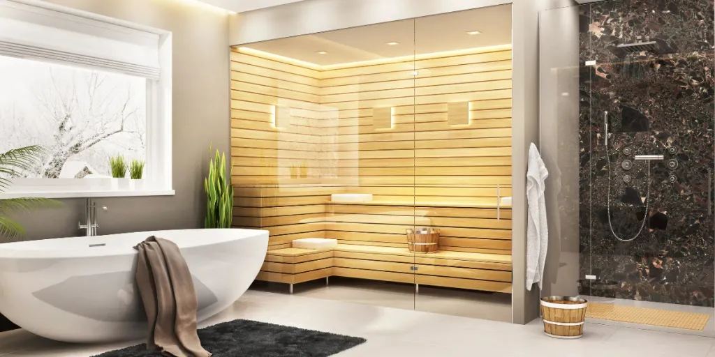 Bright modern, clean bathroom with sauna shower