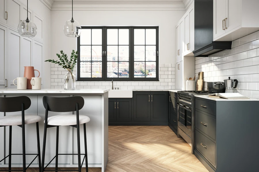 dapur hitam modern dengan backsplash putih