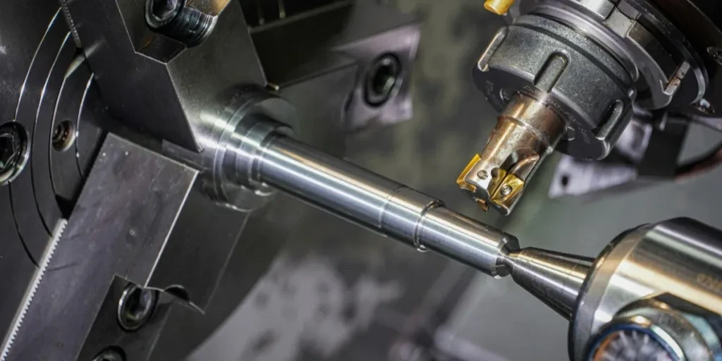 A CNC lathe spindle rotating and holding a workpiece while it’s worked by a tool