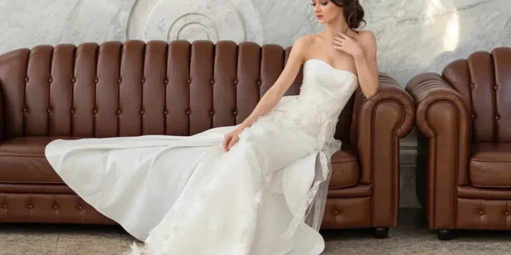 Une belle jeune fille mariée dans une robe de mariée blanche est assise sur un canapé à l'intérieur