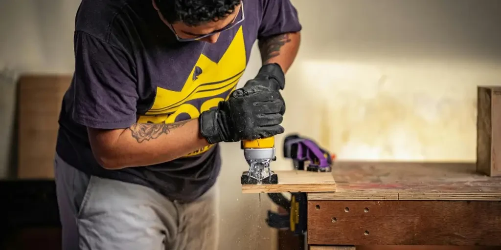 A carpenter in Costa Rica skillfully uses a power tool in a workshop environment