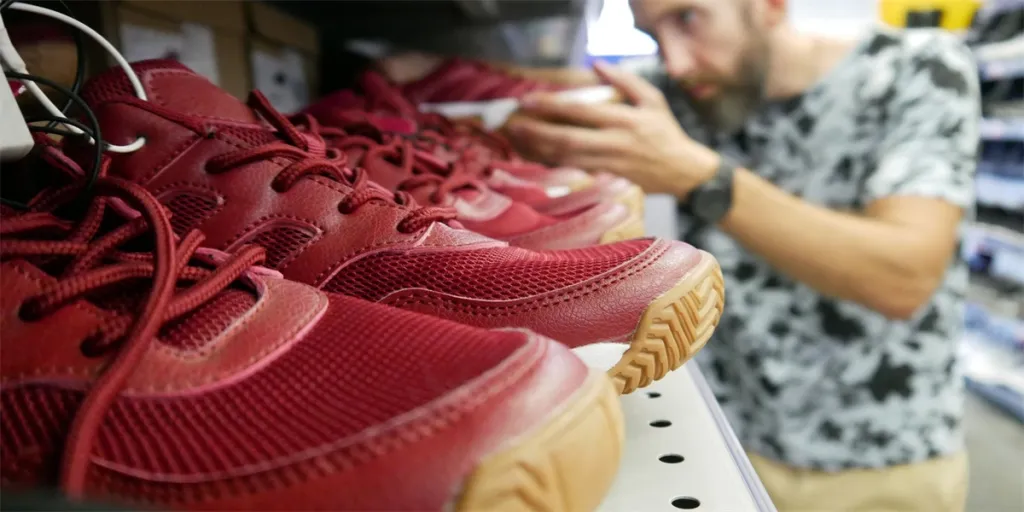 A man's hands taking a pair of new sport shoes from the shelf of a shoe store