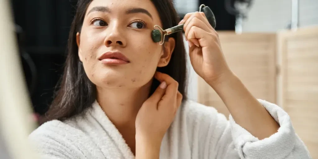 A young woman applies a skincare tool to her face