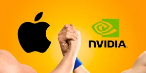 Logotipos de Apple y Nvidia con gráficos de IA.