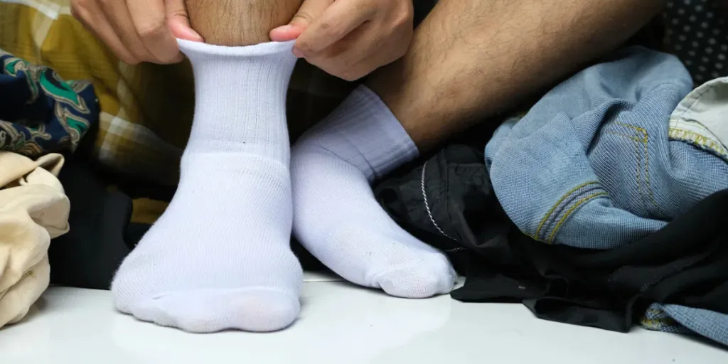 Asian man feet put on white socks among messy dirty clothes and laundry