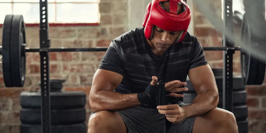 Athlete boxer in sportswear tying bandage on hand and wearing red boxing helmet