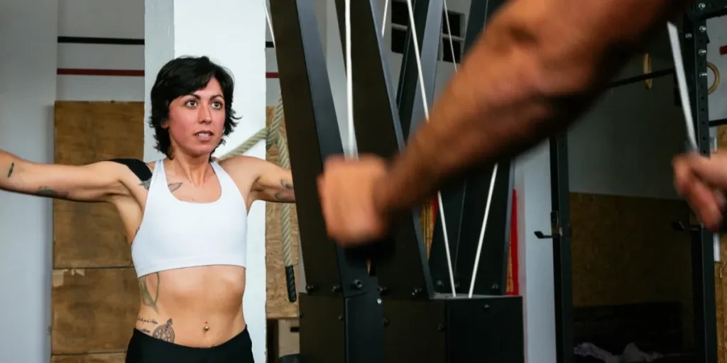 Chica atlética usando una máquina de esquí durante el entrenamiento en el gimnasio