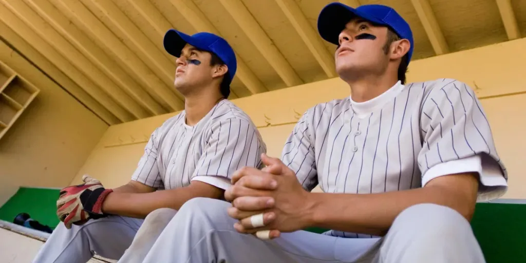 Baseball Players in Dugout Watching Game