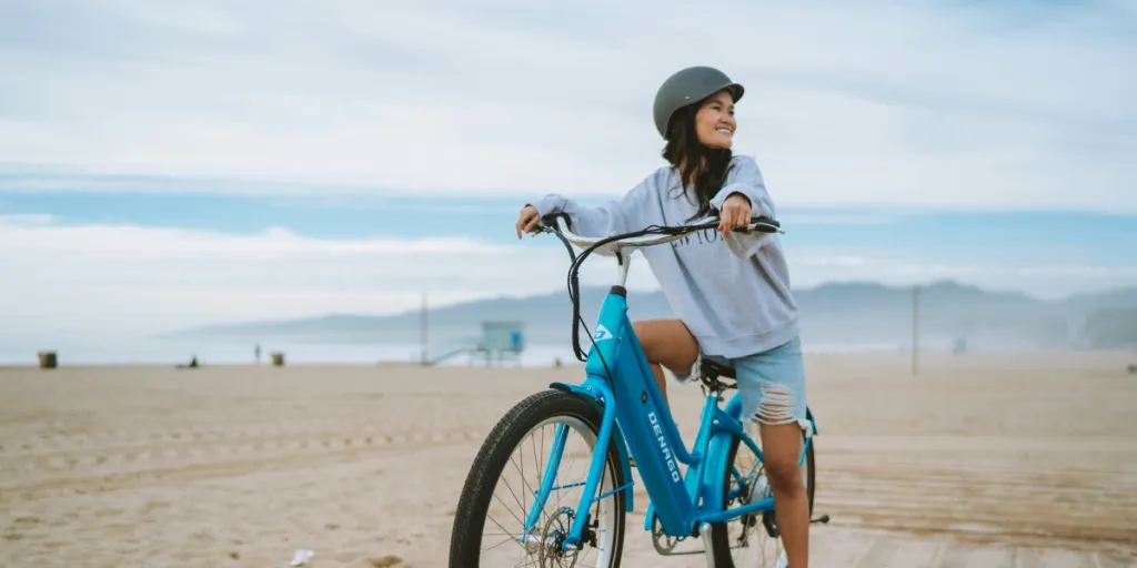 Beach Biking Babe Denago Cruiser 1 Step-thru eBike Adventure