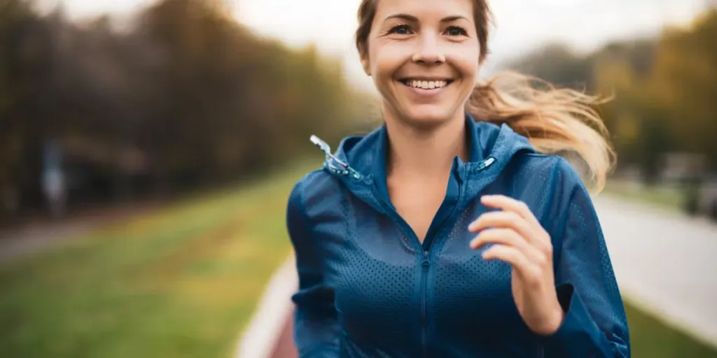 Beautiful adult woman is jogging outdoor on cloudy day in autumn